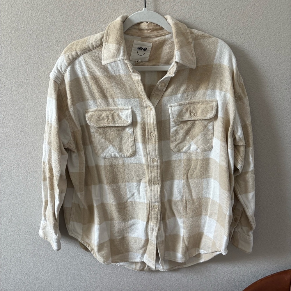 Aerie Buffalo Check Shacket in beige